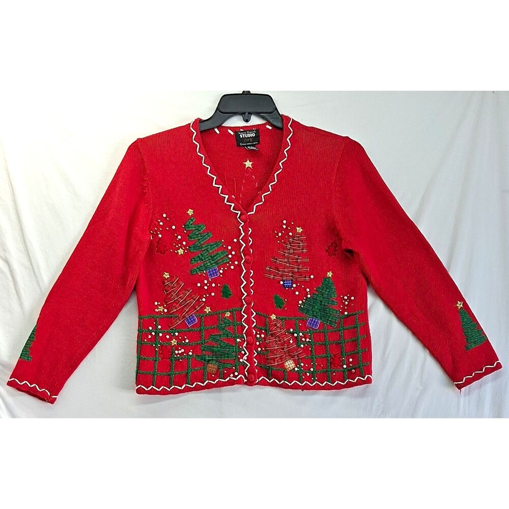 Studio Joy Petites PS Red V-Neck Cottage Cardigan Sweater Beaded Snowman Winter
